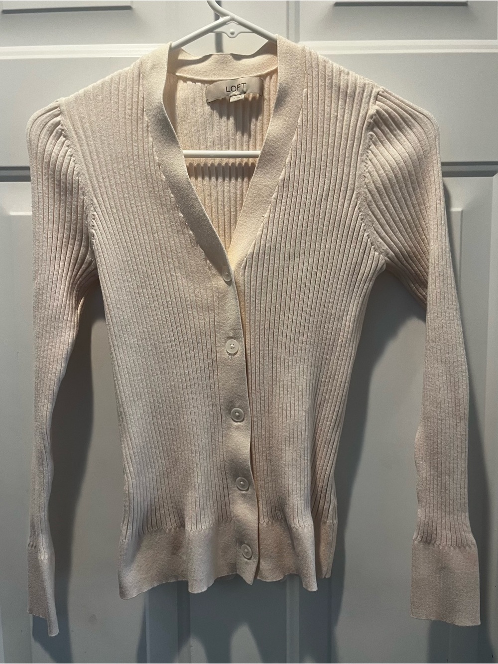 LOFT Pink Ribbed Button-Up Cardigan Sweater